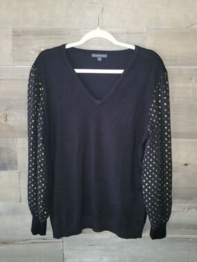 Adrianna Papell Black V-Neck Sweater with Gold Studded Sleeves Large